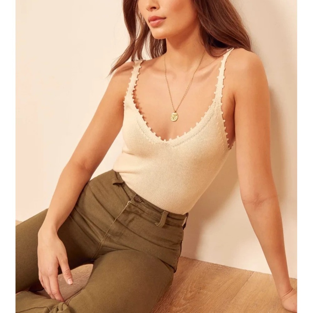 Reformation Tank Top Beige Ribbed Knit Square Neck babydoll Basic M A011447